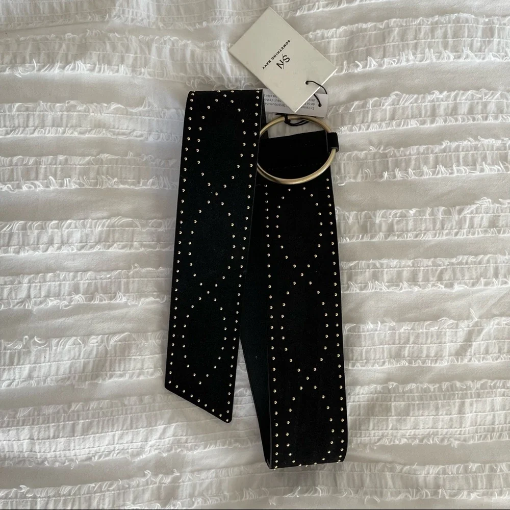 Something Navy Black Studded Suede Belt with Gold Ring